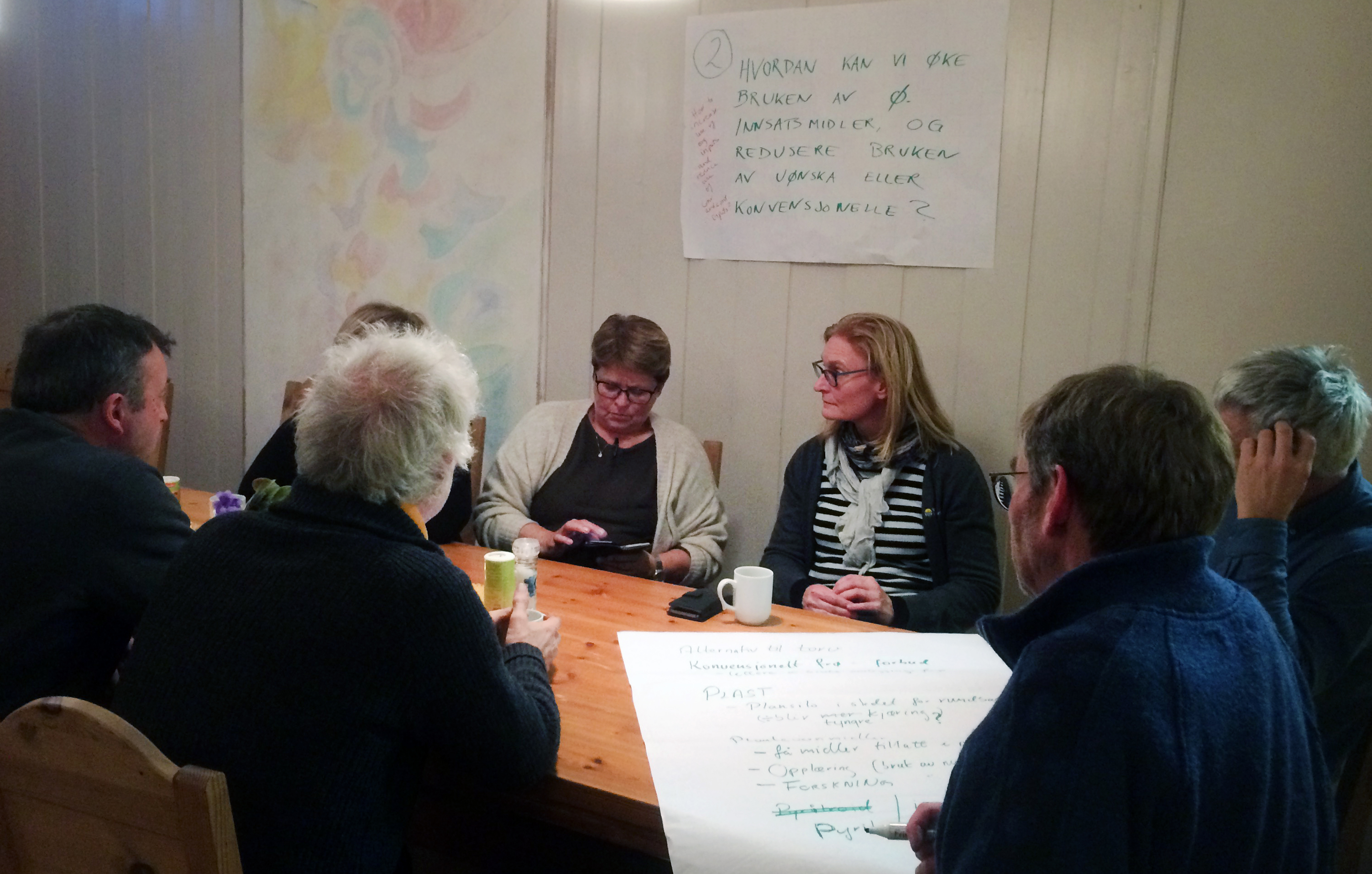 After a long day of presentations, the participants were still very engaged in discussing possible consequences of phasing out the use of contentious (?) inputs from organic production in Norway. (Photo: Anne-Kristin Løes)