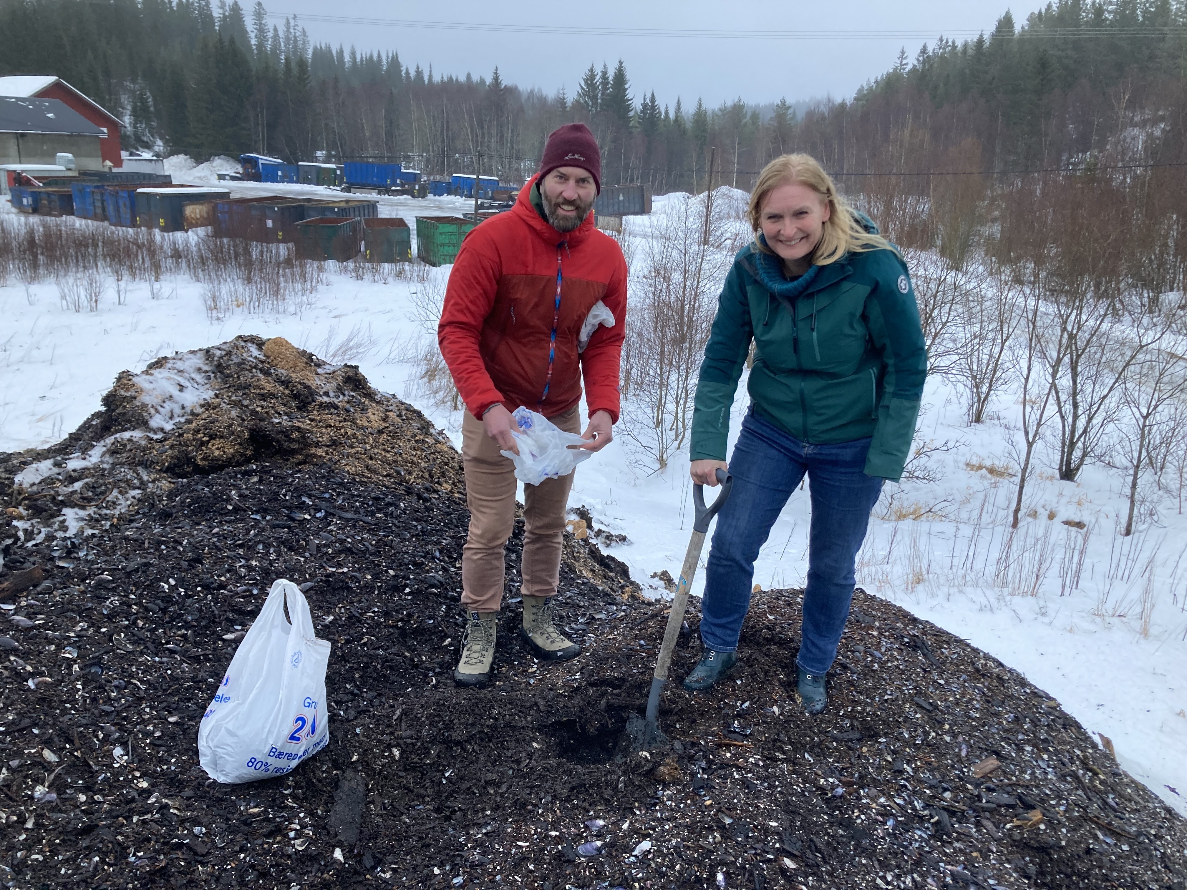 Joshua Cabell (NORSØK) og Elin Thorbjørnsen (NLR Trøndelag) sjekker kompost laget av utsorterte blåskjell, bark og treflis (Foto: Anne-Kristin Løes)