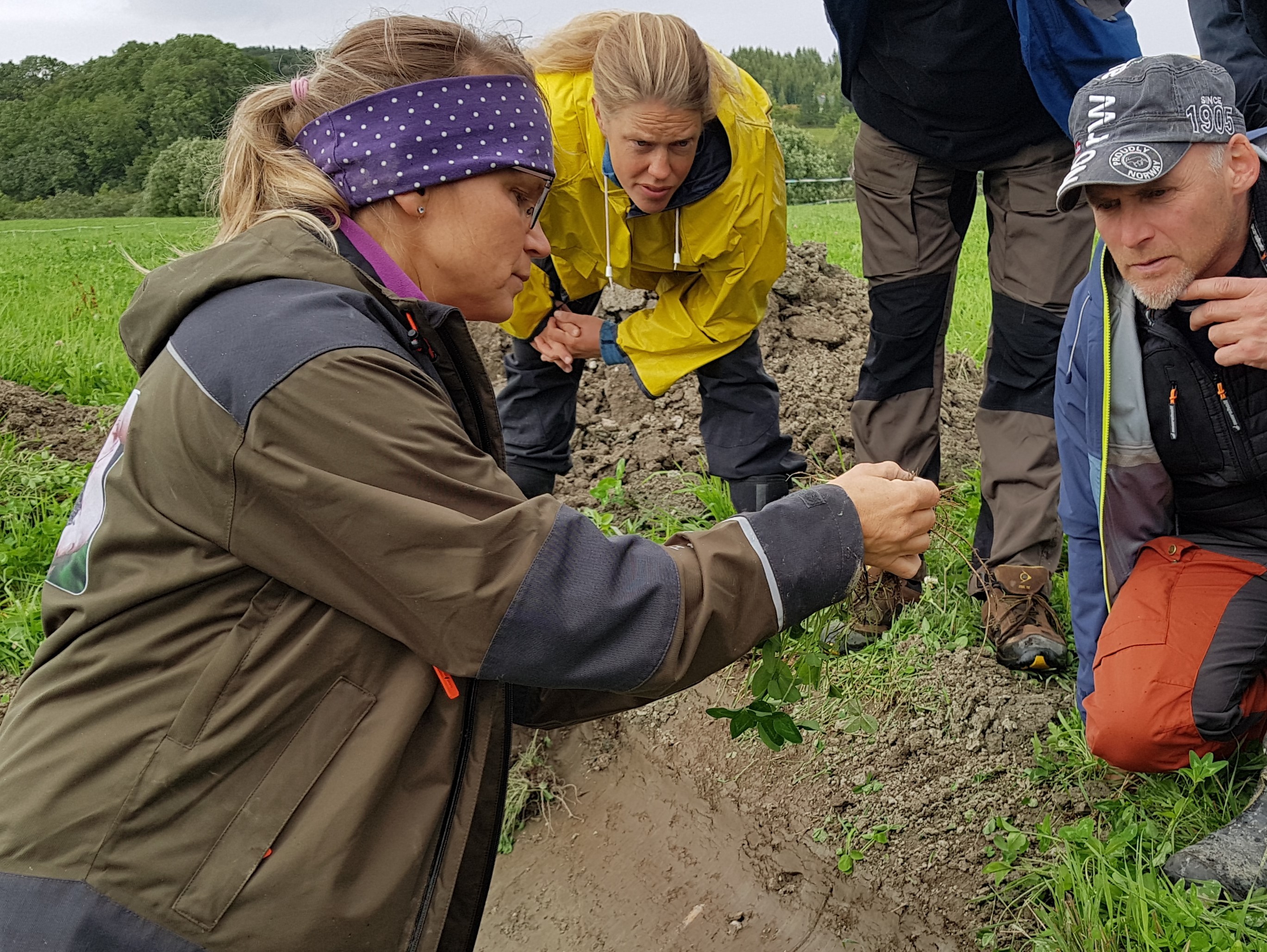 Reidun Pommeresche teaching interested farmers, advisers and students as part of the soil assessment course Jordlappen. (Photo: Maud Grøtta, NLR)