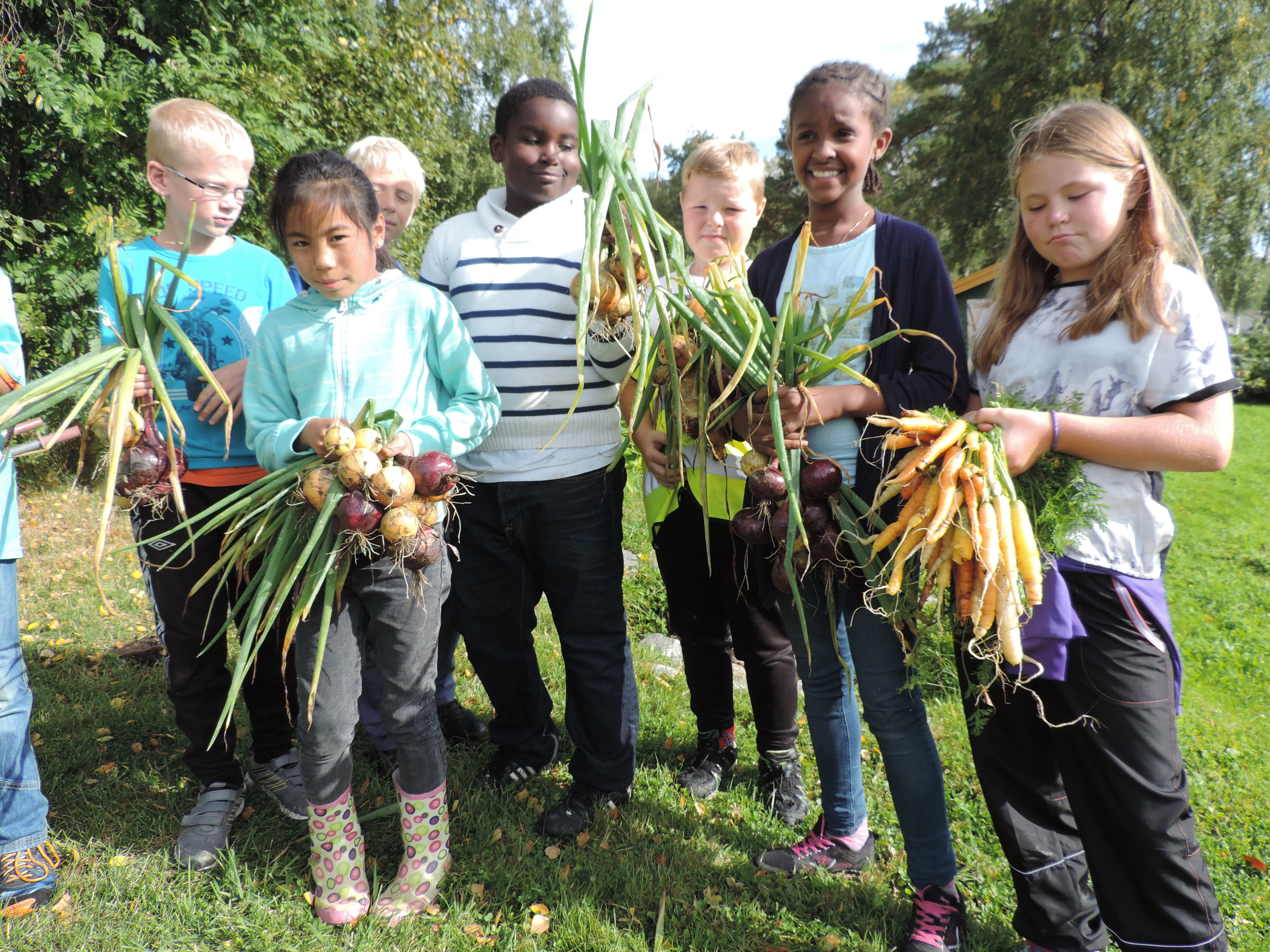 Barna viser fram noe av det de har høstet i Stjernehagen (Foto: Anniken Fure Stensrud)