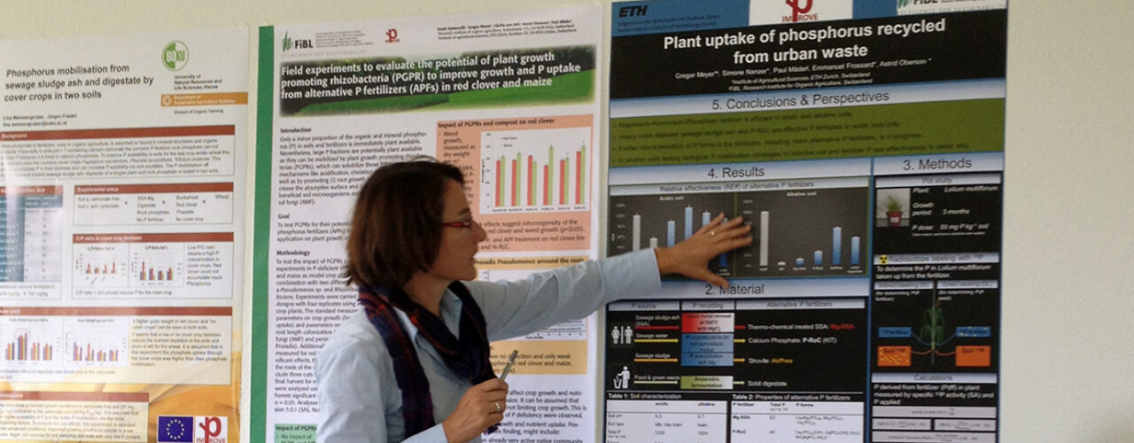 Astrid Oberson fra ETH, Zürich presenterer en poster om resirkulert P-gjødsel på et prosjektmøte i Improve-P (Foto: Improve-P)