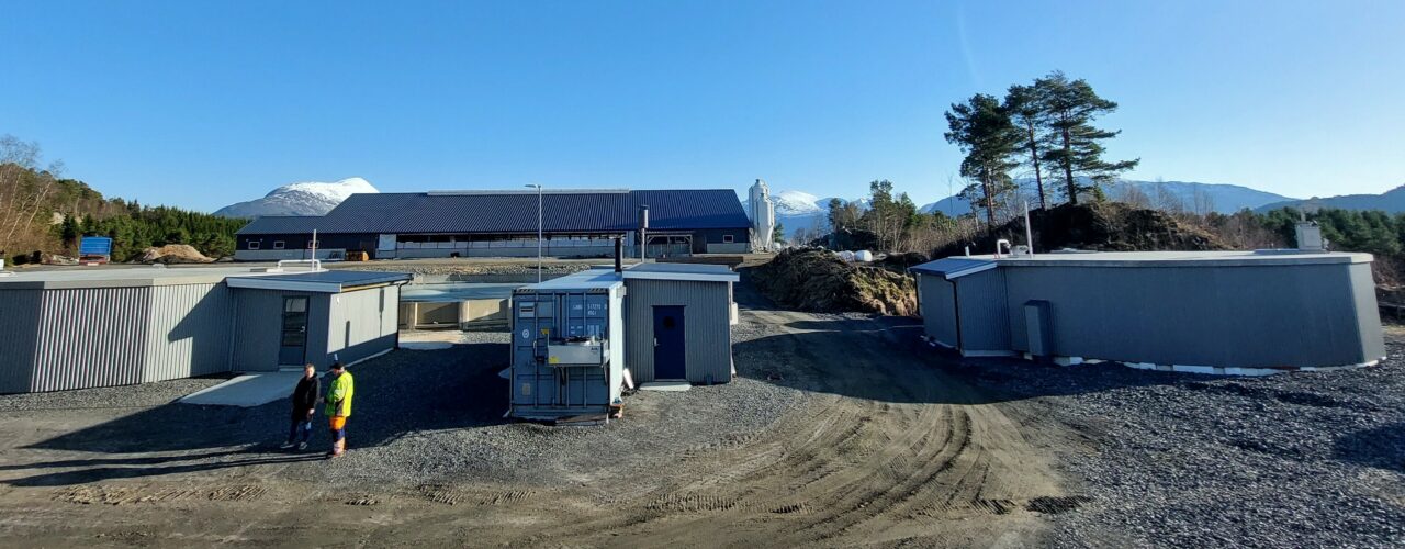 RIBI Bioenergi heading Frass Gass Anlegget til RIBI Bioenergi hvor Frass testes som biogassubstrat. Reaktorer til høyre og venstre. Teknikkonteiner med strøm- og varmeproduksjon i midten fremme. Melkekufjøs bak i bildet. (Foto: Ingvar Kvande)