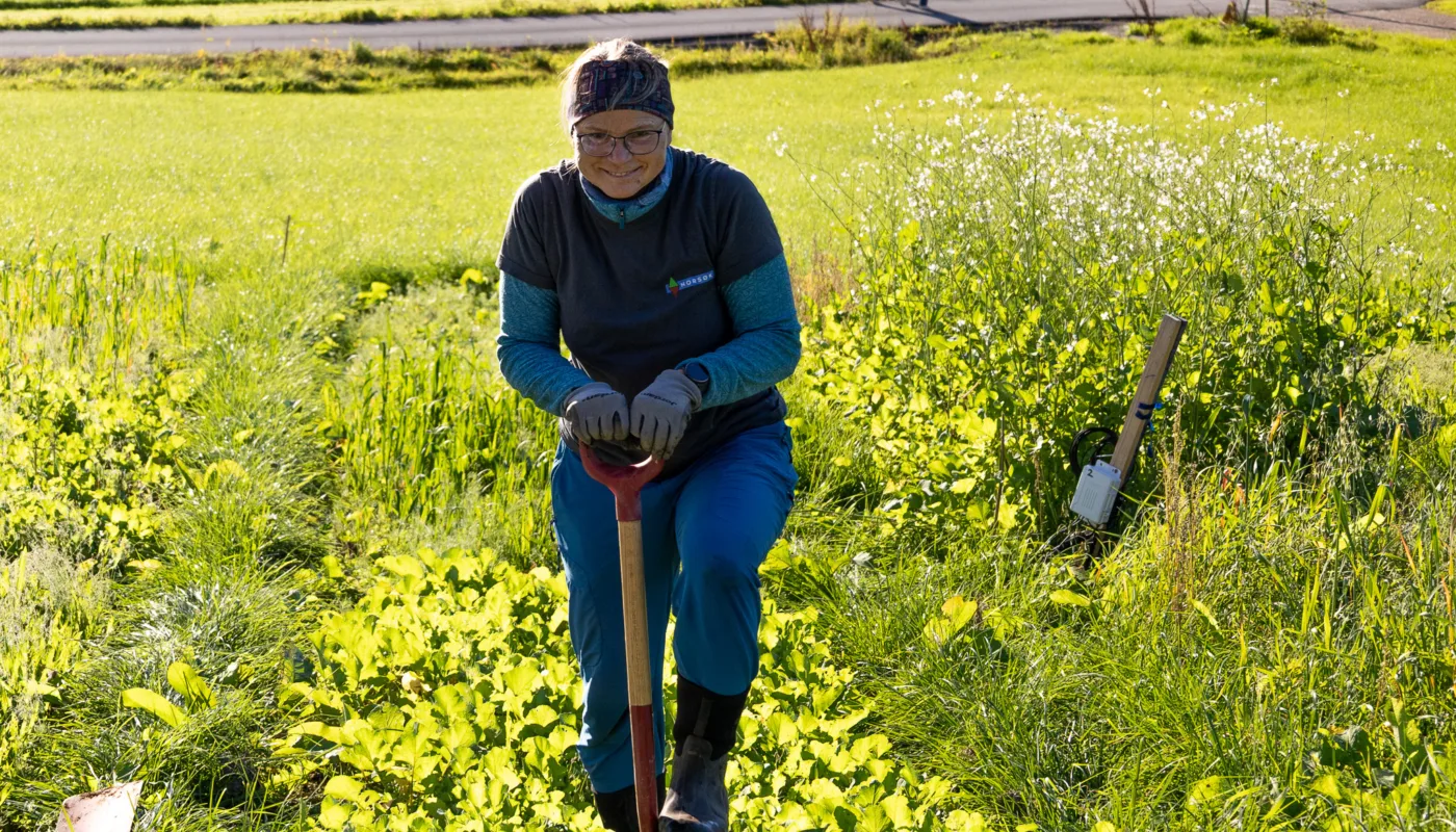 JORDHELSE PÅ TUR: Reidun Pommeresche tar med seg spaden og drar på turne med prosjektet "Jordhelse i praksis" sammen med NLR og NIBIO. (Foto: Vegard Botterli)