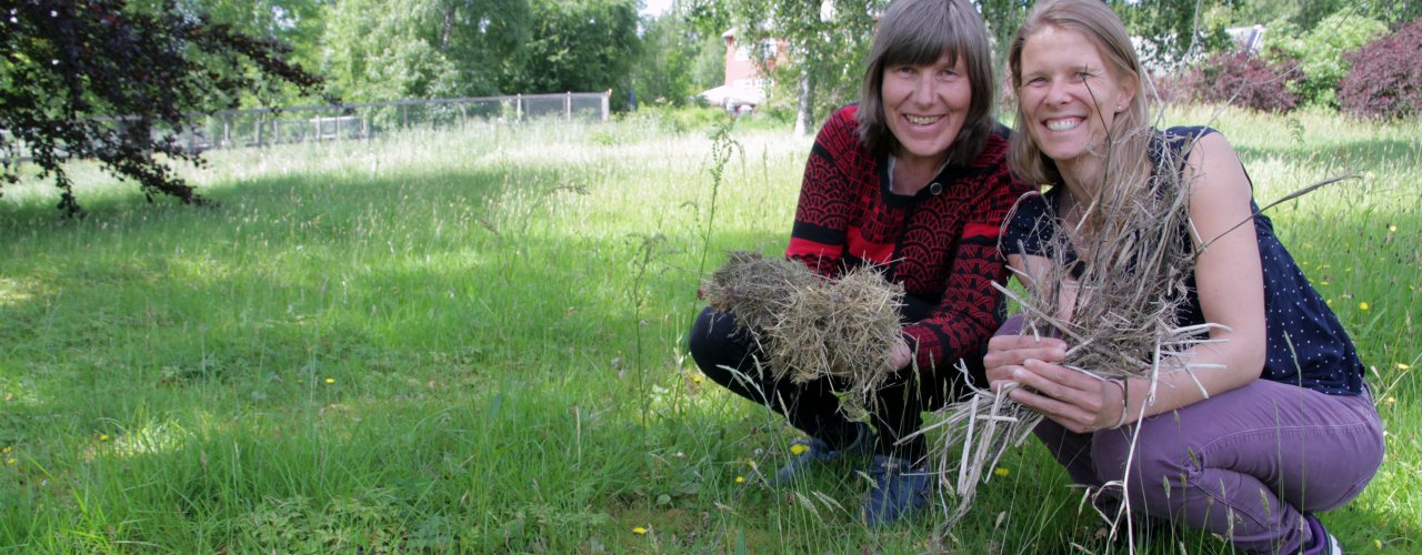 Forskerene Sissel Og Tatiana Forskerne Sissel Hansen og Tatiana Rittl vil gjennom prosjektet ResidueGas se på en ny metodikk får å estimere N2O utslipp fra jord som har blitt tilført planterester. (Foto: Anita Land)